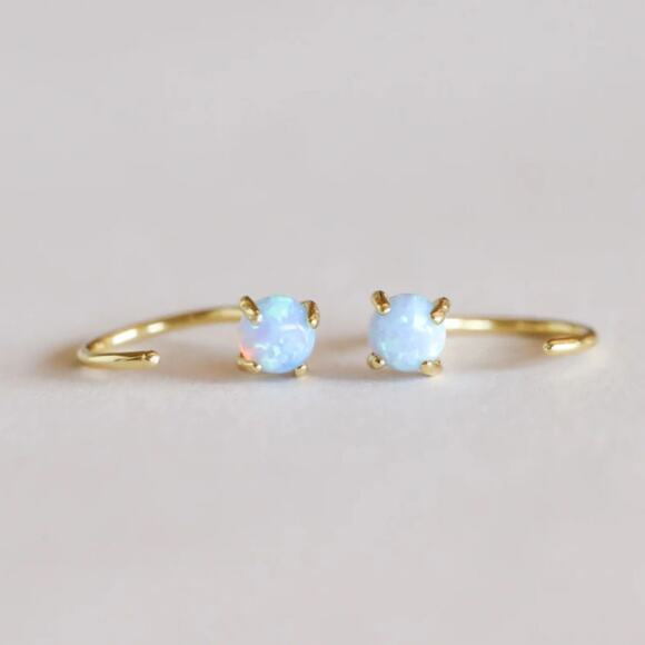 NEW ANTHROPOLOGIE JaxKelly Blue Fire Opal 18kt Tiny Stone Gemstone Hoop Earring - Picture 1 of 8